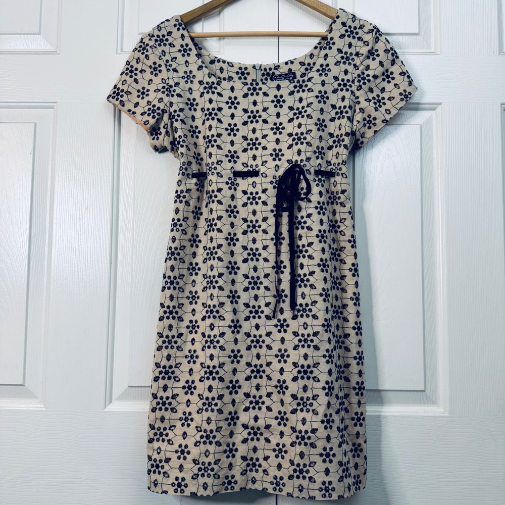 VTG Cynthia Rowley‎ Women's Ramie Cotton Dress Beige Black Floral Embroidered 12